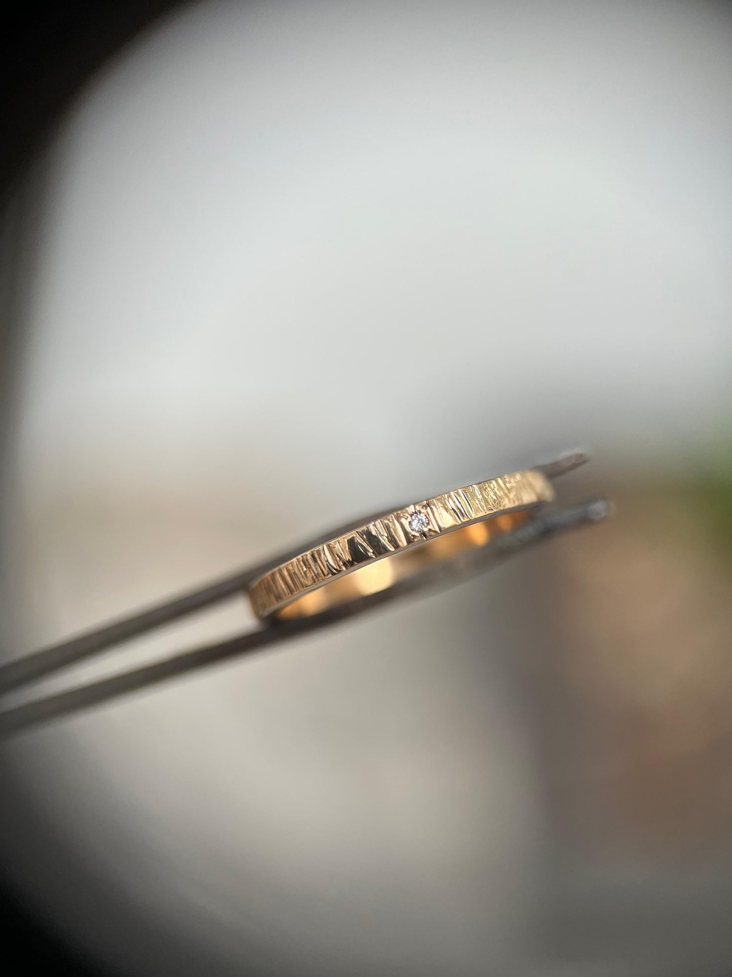 Contemporary Wedding bands 18k Gold - hammered finish with diamond